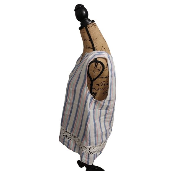 Crown & Ivy 100% Linen Striped Sleeveless Lace Trim V Neck Shirt Women's Medium - Picture 3 of 11
